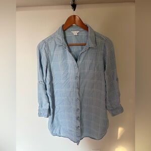 Intro. Light Blue Plaid Blouse Womens Size M Shirt Long Sleeve